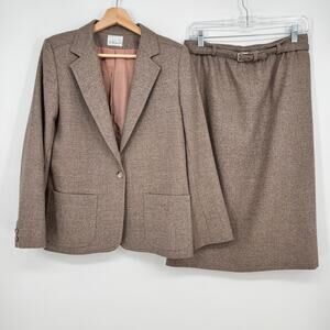 Vtg Nordstrom Weathervane Wool Skirt Suit Women Blazer 10 Skirt 12 Brown Tweed